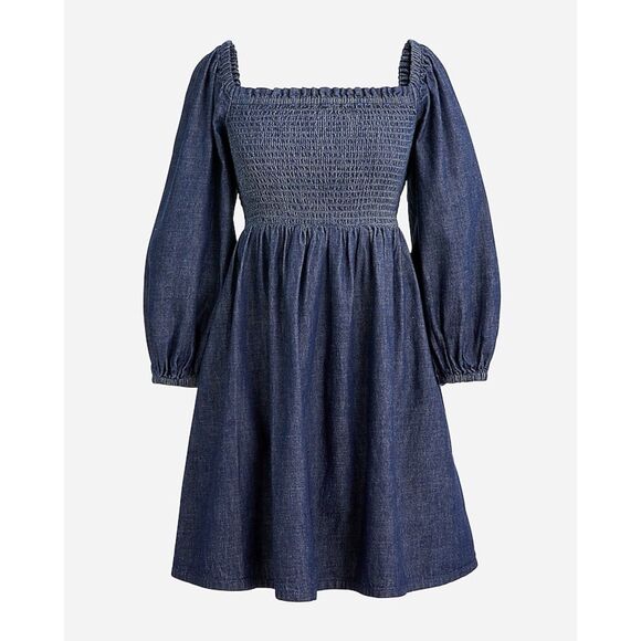 NWT J Crew Smocked Puff Sleeve Mini Dress Womens XL in Chambray Cotton - Picture 1 of 13
